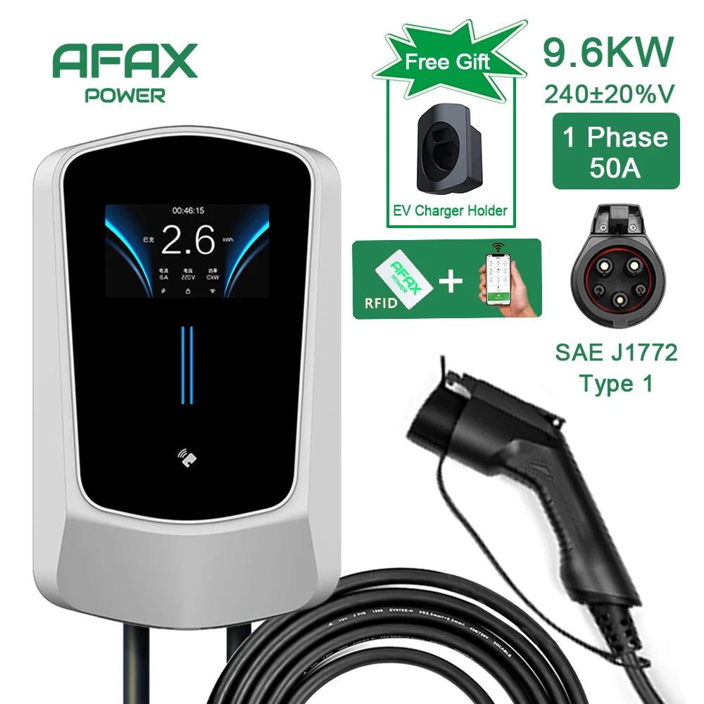 AFAX EV Charger Type1 50A EVSE Charging Cable 7.6/9.6/12KW Type1 Cable Tesla Plug SAE J1772 Controller Wallbox for Electric Car