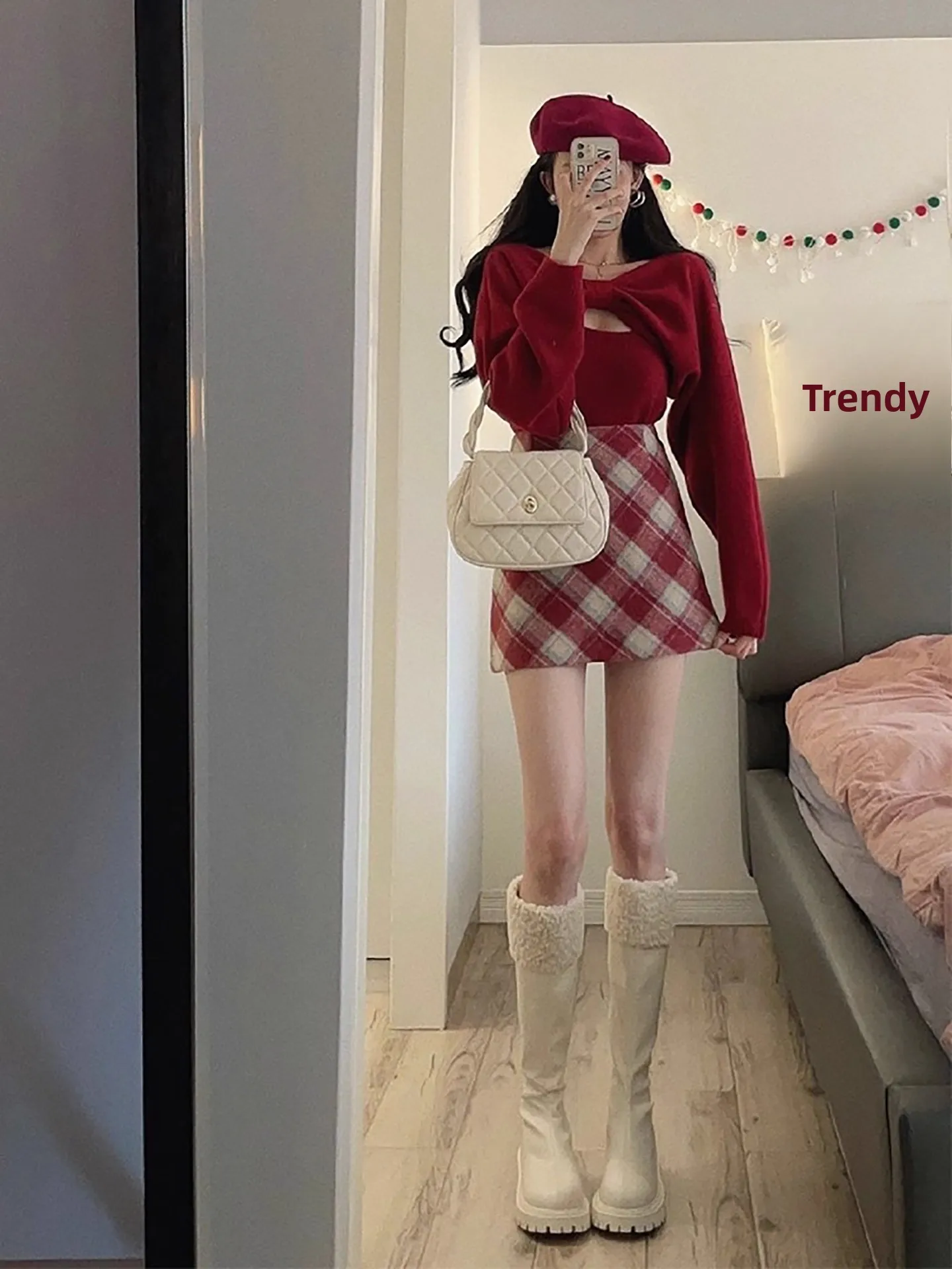 مجموعة أزياء نسائية حمراء للعام الجديد عبر العام، ملابس شتوية متطابقة من Clete، سراويل عالية الخصر، تصميم بعقدة معطف