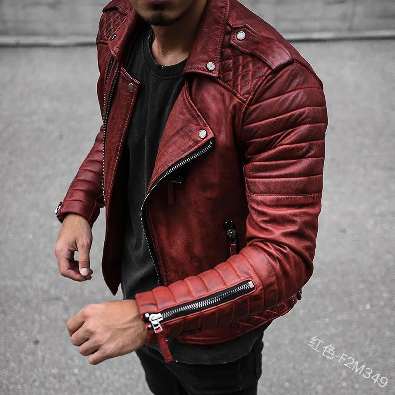 Europe and America 2024 Spring and Autumn Fashion Slim Fit Flip Collar Zippers Retro Style Motorcycle Men's Leather Coat