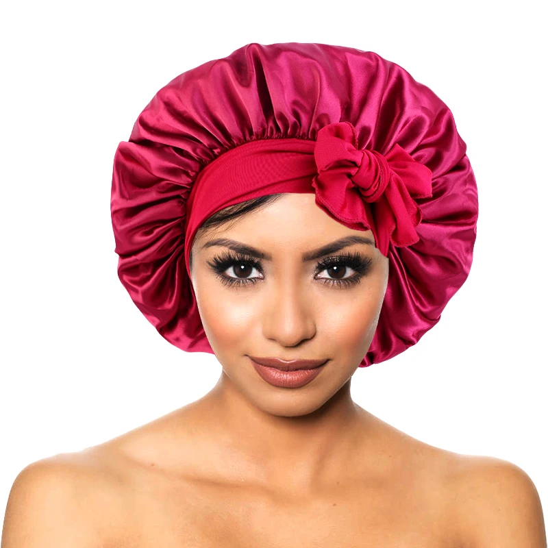 New Women Satin Solid Sleeping Hat Silky Bonnets With Tie Bands Elastic Shower Cap Adjustable Cap For Curly Hair Bonnets