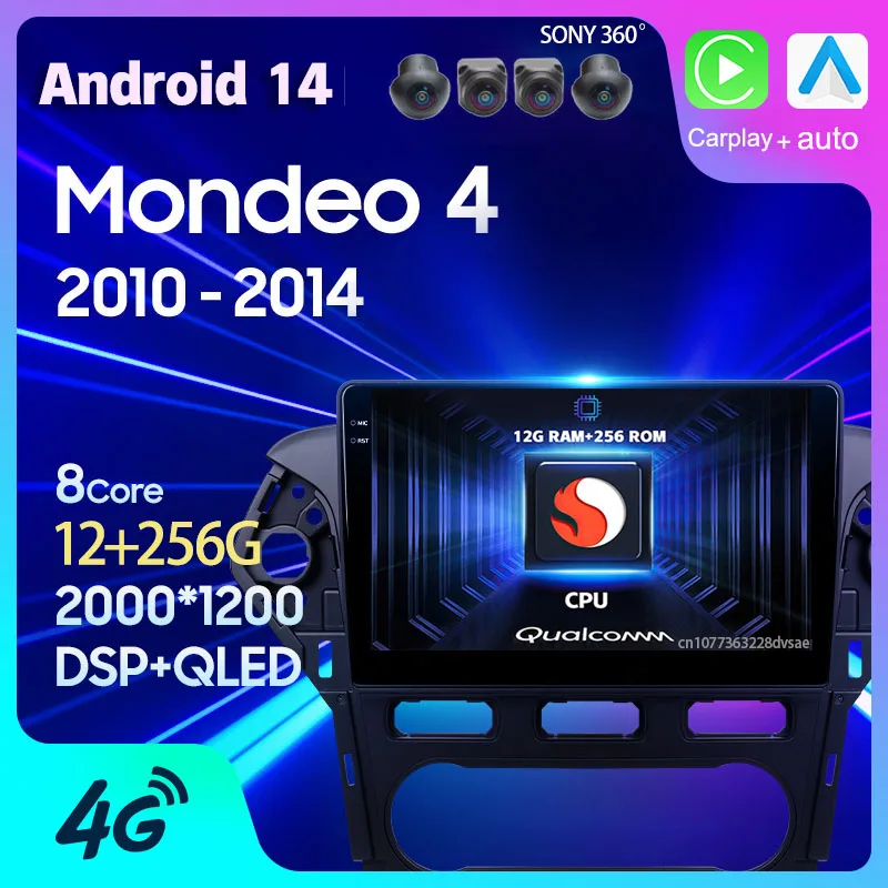 Rádio de carro Android 14 para Ford Mondeo 4, 2010, 2011, 2012, 2013, 2014, Carplay, multimídia automática, GPS, leitor de câmera 360, 2 din, vídeo estéreo