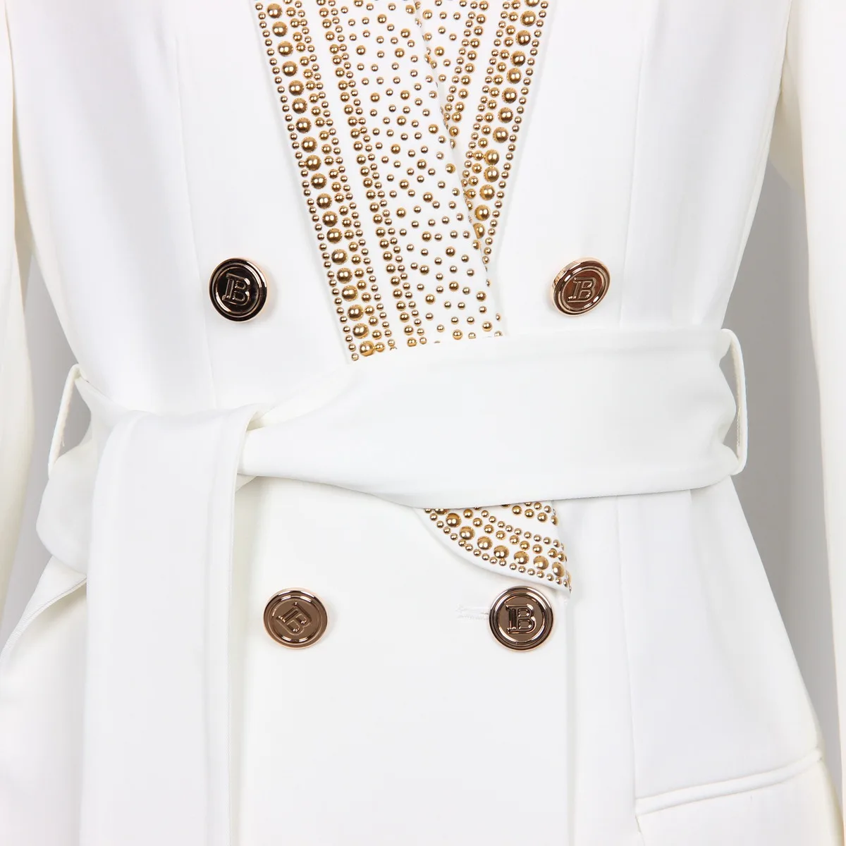 Unique Desinger Vintage Gold Sequined Beads Shawl Collar Lace-up White Blazer for Women Retro Jacket