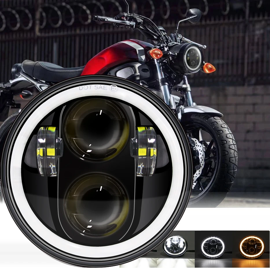 5.75" Inch Motorcycle Headlight Halo Angel Eyes High Low Beam 5 3/4" DRL Turn Signal Project for Harley Sportster 883 XL883 FXCW