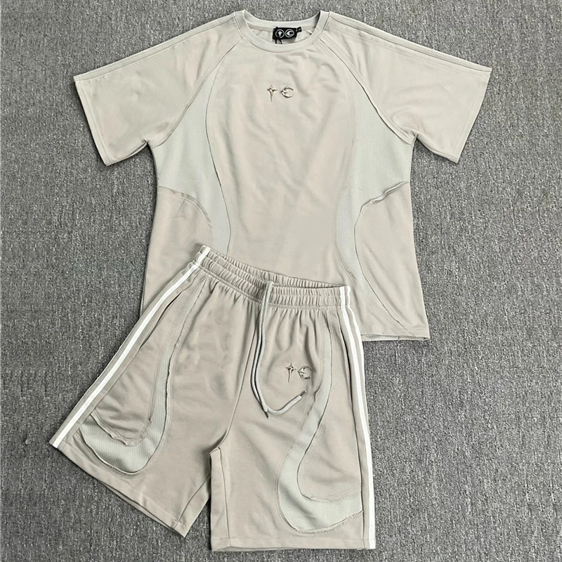 

Fashionable Suit THUG CLUB Casual Shorts Metal Star Moon Logo Patchwork Design Streetwear Thug Club Short Sleeve Shorts