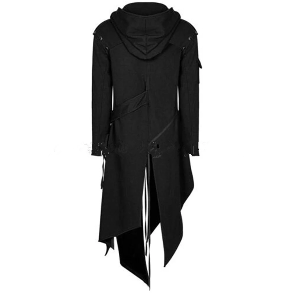 Jaqueta masculina preta de poliéster com capuz gótico, bainha de Halloween, longa, lrregular, outwear medieval, morte