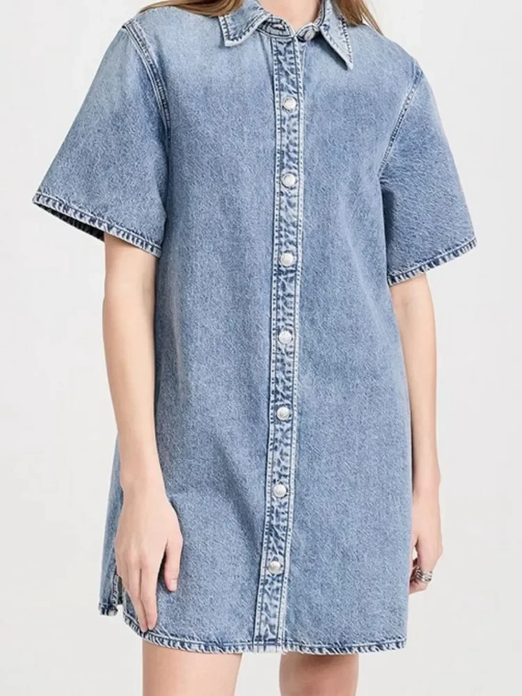 

2024 summer new Women Straight Mini Denim Dress Turn-Down Collar Female Single Breasted Short Sleeve Robe with Pockets