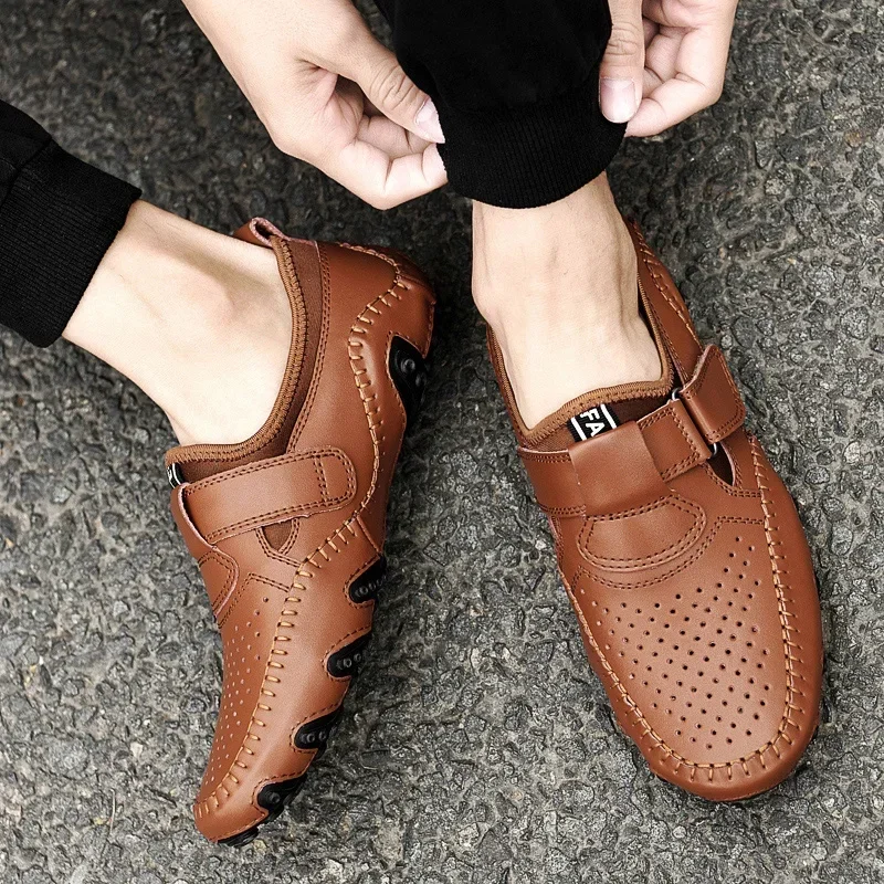 Genuine Leather Men Shoes Casual Italian Hollow Out Men Loafers Summer Breathable Driving Shoes Slip on Moccasins Zapatos Hombre