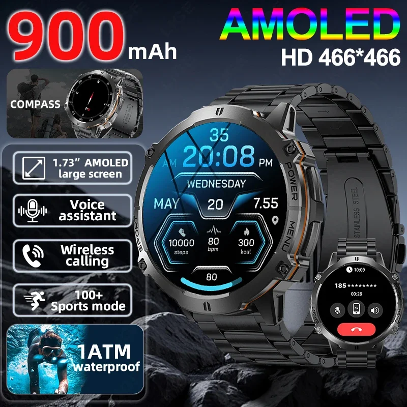 

New Compass 1.7" AMOLED HD Screen Fitness Smartwatch Heart Rate Blood Oxygen Tracking 100+Sport Mode Smart Watch for Android iOS