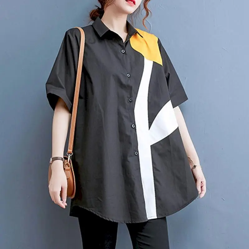 

Fashion Short-sleeved Shirts Women 2024 Summer Thin Stitching Chic Blouse Design Niche Loose Tops Korean T-shirt Button Up Shirt