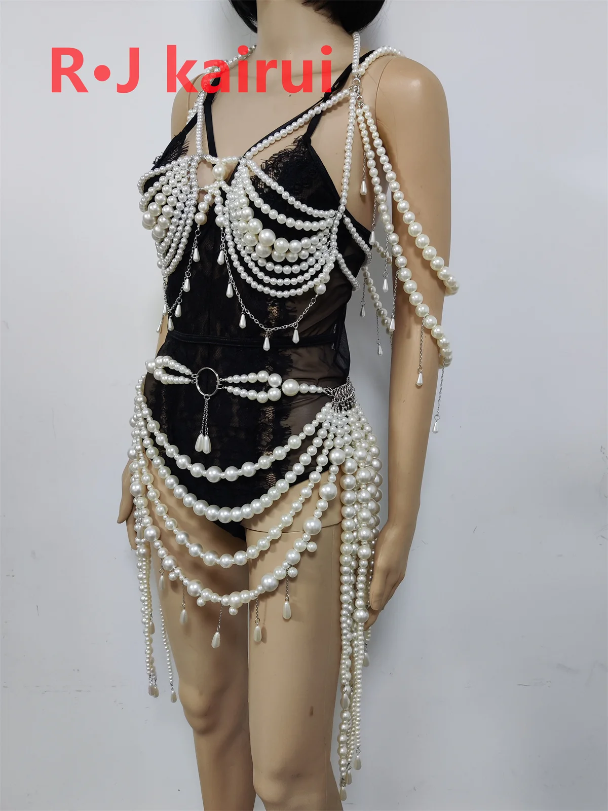 RJP06 Fashion Women Sexy Metal Acrylic Body Chain Imitation Pearls Halter Top Dress Masquerade Stage Party Jewelry Accessories