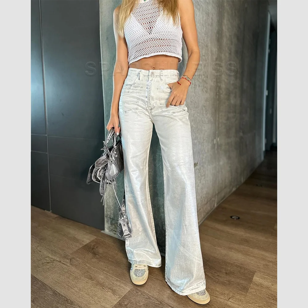 Metallic Y2K Advanced Sense Coating Casual Wide-leg Jeans Female Straight Jeans Loose Hip-hop Streetwear Oversize Denim Trousers