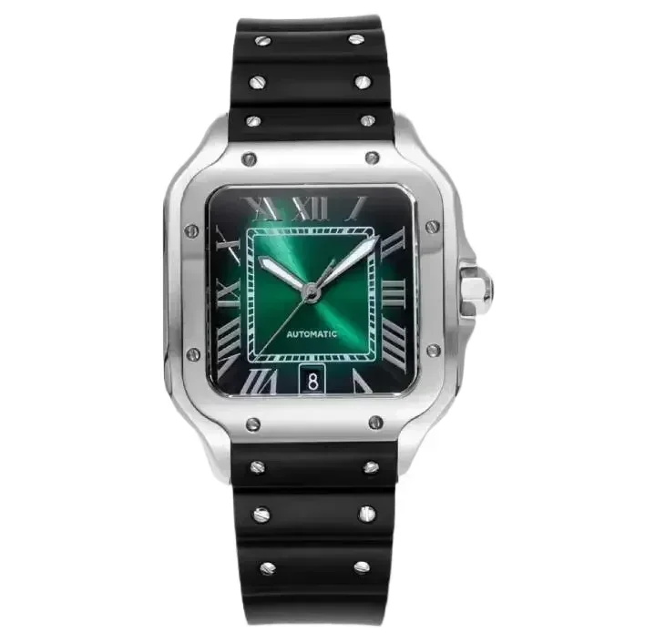 أعلى جودة N الرجال النساء التلقائية الميكانيكية ووتش الفولاذ المقاوم للصدأ الرياضة الأسود المطاط حزام الياقوت الزجاج ساحة الساعات