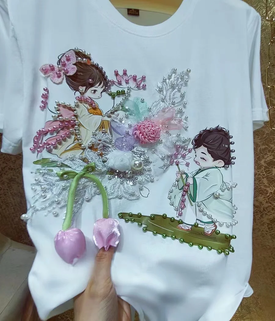 3D Flowers Beaded Stitch Short Sleeve Cotton Tshirt For Women Vintage Loose Casual T-shirt Girls Ladies Tops Tees White