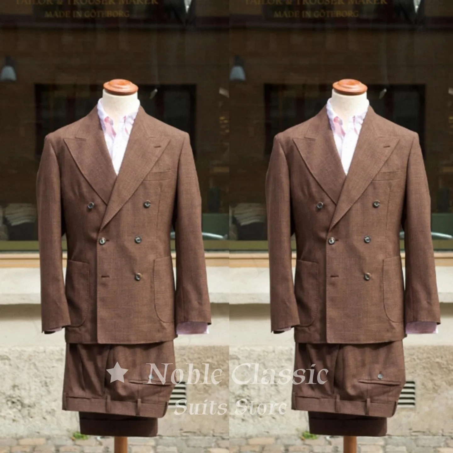 Dark Brown 2 Piece Men Suit Wide Peak Lapel Double Breasted Patch Pocket Trousers Set Summer Business Party Groom Customized