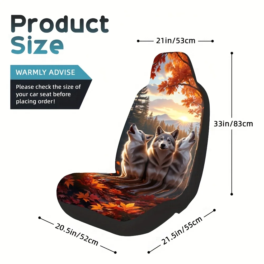 2pcs Autumn Wolf Car Seat Covers - Soft Washable Polyester, Modern Elegant Design With Fall Foliage & Howling Wolves, Fit For SU