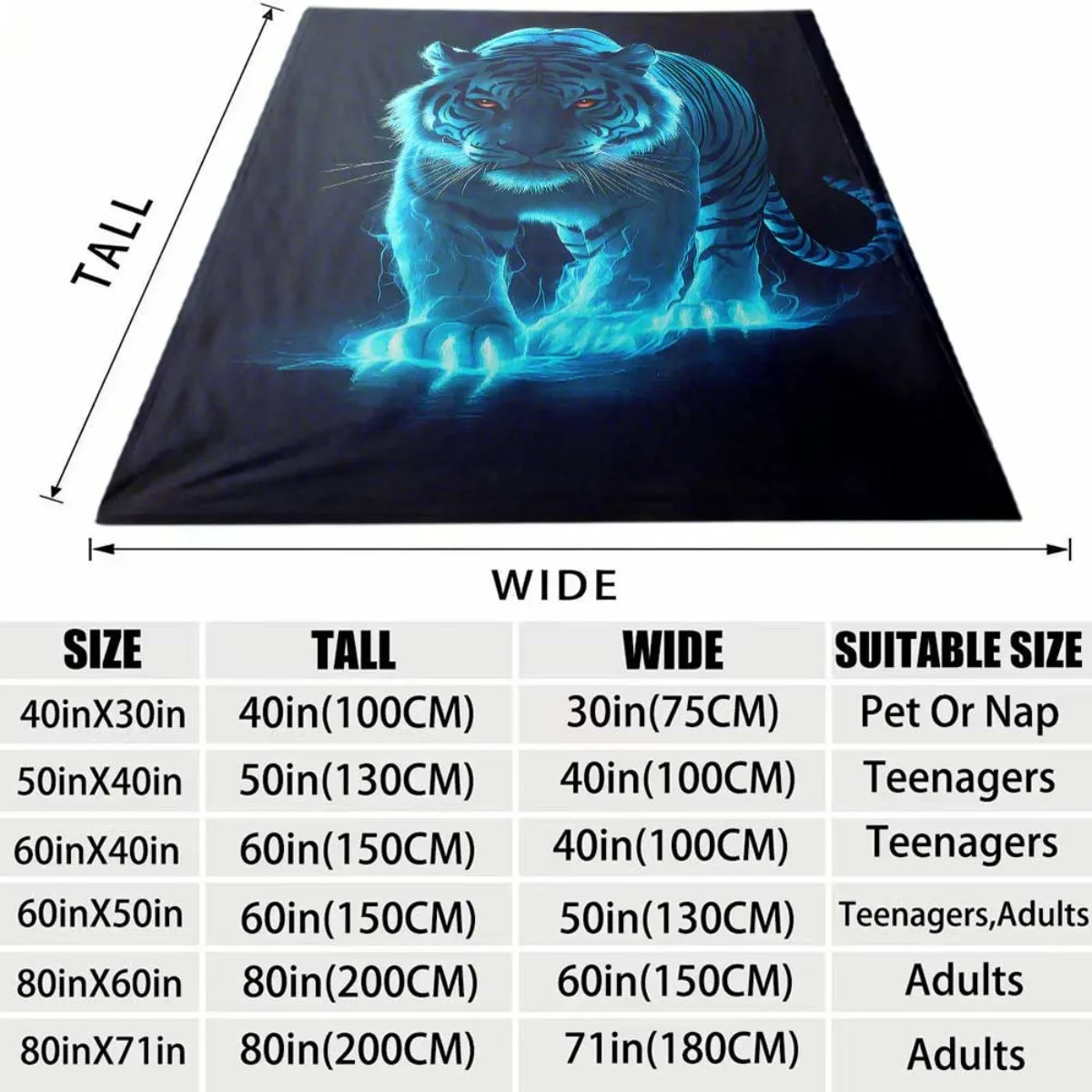 Cool Neon Blue Tiger Pattern Flannel Blanket Lightweight Warm Plush Throw Blanket Glowing Electric Tiger Art Decor Blanket