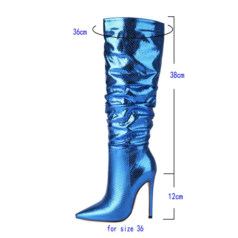 Blue Gold Silver 2024 Women Knee High Boots Fashion Pointed Toe Thin High Heel Ladies Calf Boots PU Leather Party Women\'s Boots