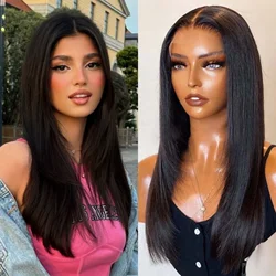 Peluca sintética larga y recta con malla Frontal para mujer, pelo negro, sin pegamento, listo para usar, fiesta
