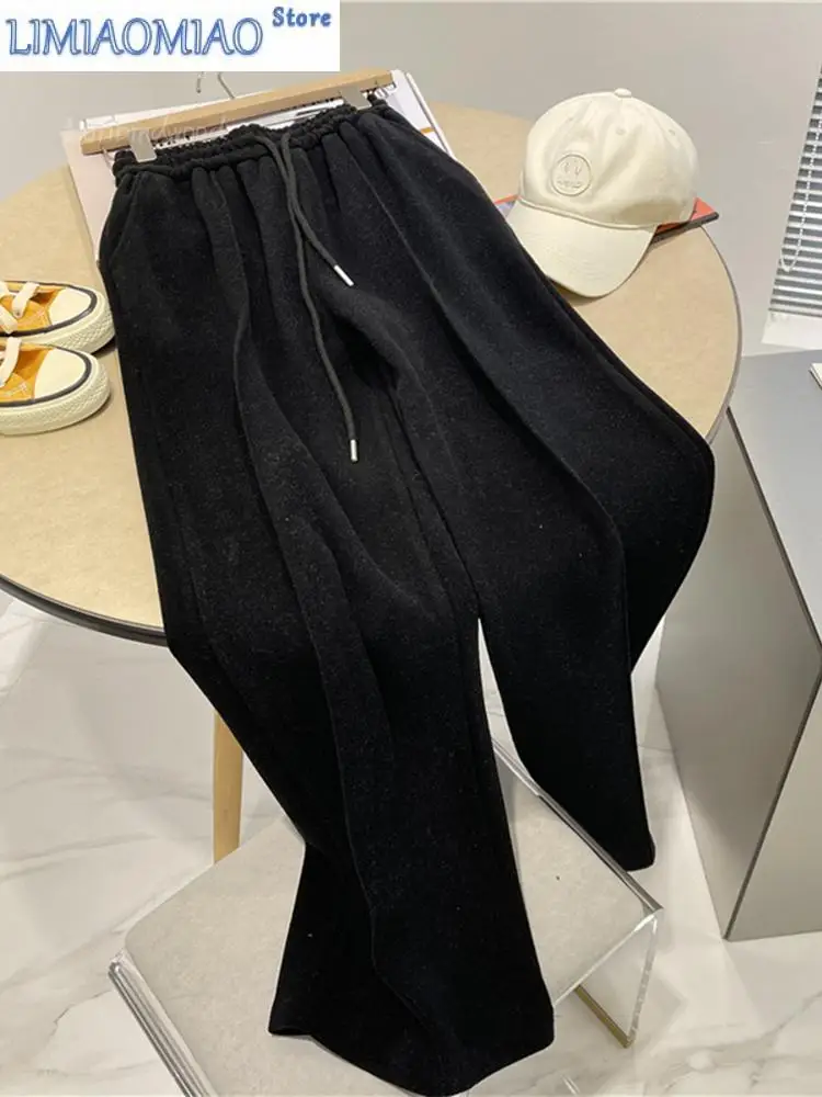 New Soft Waxy Woolen Knitted Wide Leg Pants Women Autumn Winter Thick Elastic Waist Casual Sweatpants Floor Length Pants