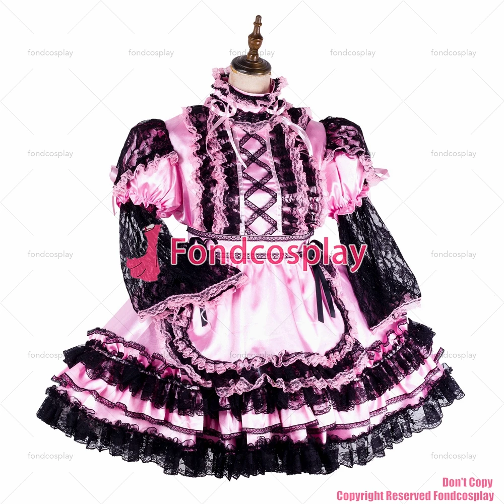 fondcosplay adult sexy cross dressing sissy maid short baby pink satin dress lockable Uniform apron costume CD/TV[G2130]