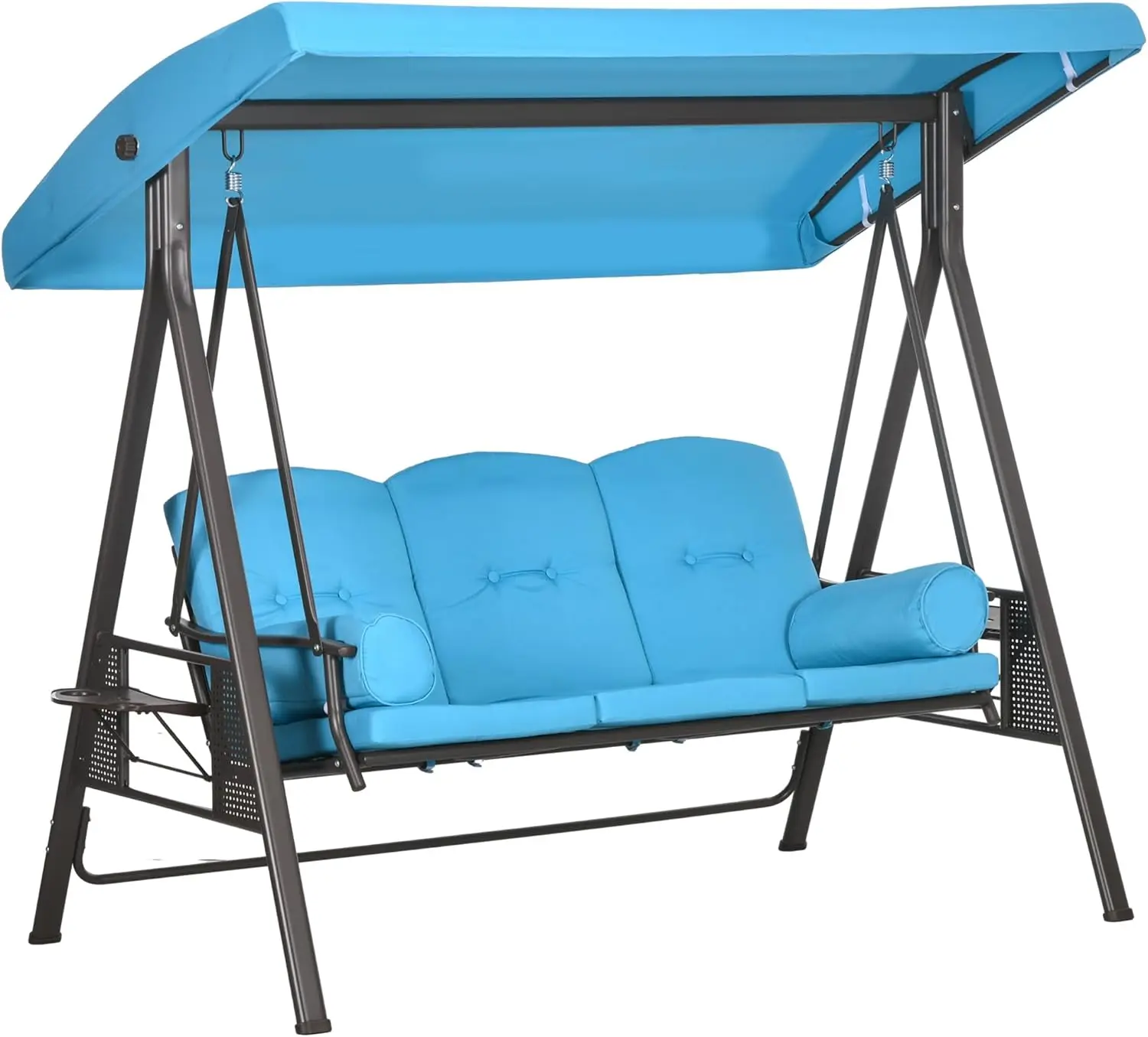 

3 Seat Patio Swing Chair Outdoor Porch Swing Glider with Adjustable Canopy Removable Cushion Pillows and Side Trays Blue