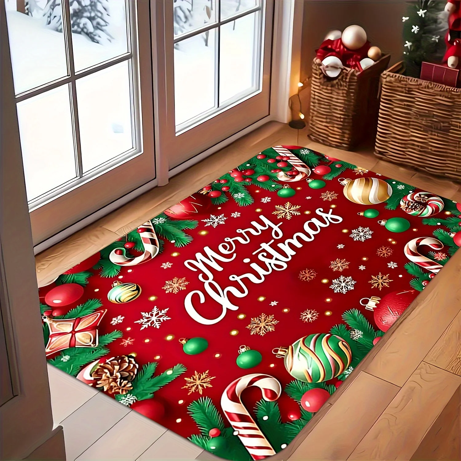2D‑Printed Red Candy Cane Bell Christmas Welcome Rug, Decor for Bathroom, Living Room, Kitchen, Indoor‑Outdoor Parties