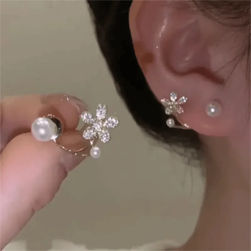 Exquisite Sparkling Flowers Paired with Imitation Pearl Zircon Earrings for Women's Daily Wear Banquet Party Jewelry Gifts