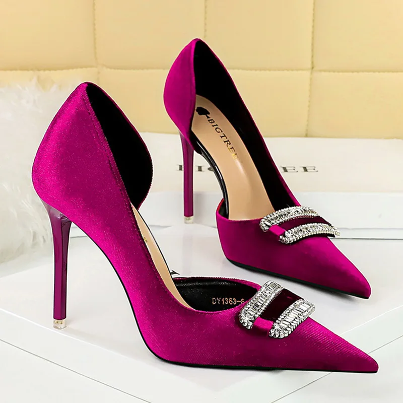 New Women 10.5cm High Heels Rhinestone Pumps Lady Sexy Shallow Pointed Toe Velvet Wedding Heels Female Purple Pink Green Shoes