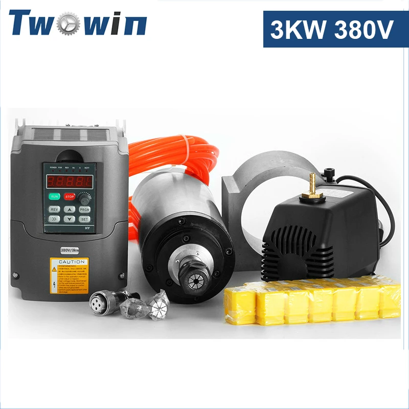 TWOWIN 3KW Water Cooled Spindle 380V Frequency Inverter VFD ER20 Lathe Chuck 100mm Spindle Clamp 2.5m Pump Pipe For Machine