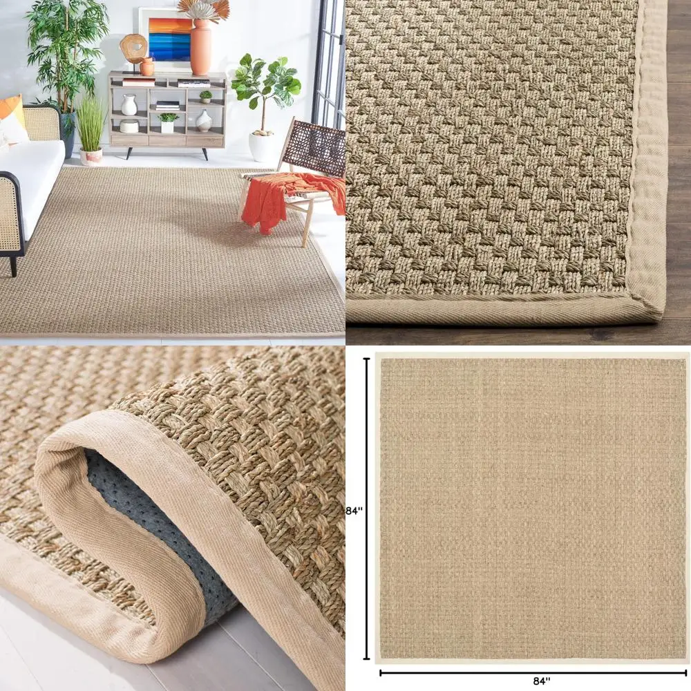 

Natural Fiber Seagrass Basketweave Area Rug 7 Feet Square - Beige with Border, Natural Collection, 100% Natural Fibers