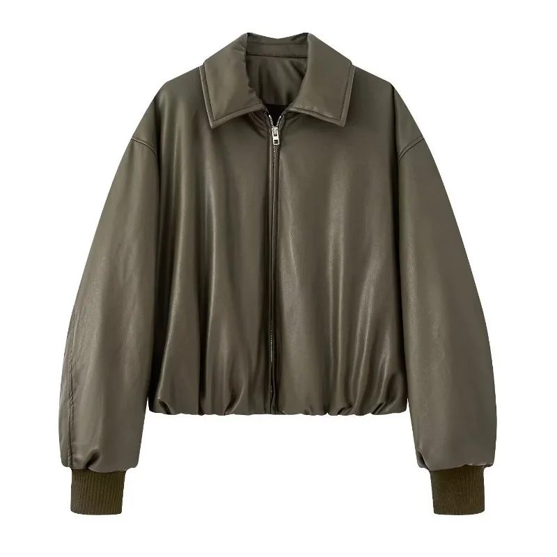 Trend Vintage Green Long Sleeve Lapel PU Leather Jacket Women Short Coat Zipper Button Spring Autumn High Street Outerwear Tops