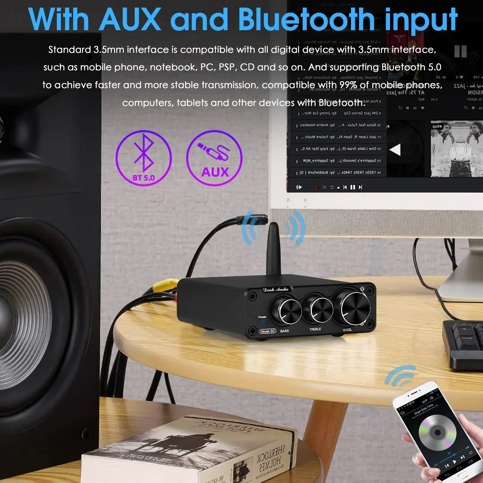 Douk Audio G3 Mini Bluetooth 5.0 TPA3116 Digital Amplifier HiFi 2.0 Channel Stereo Audio Amp With Treble Bass Tone Control