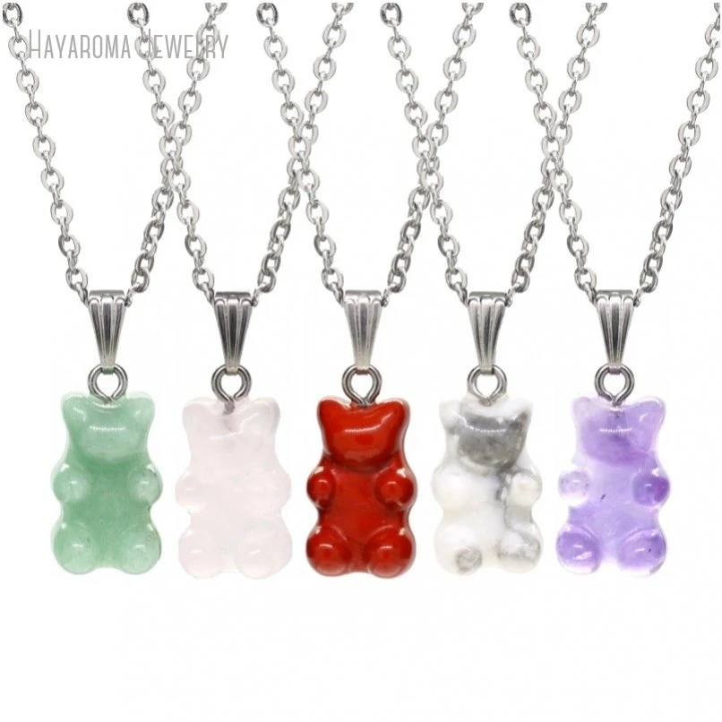 12Pcs Jewelry Bear Animal Wholesale Silver Color Crystal Semi-precious Stone Gemstone Necklace NM46587
