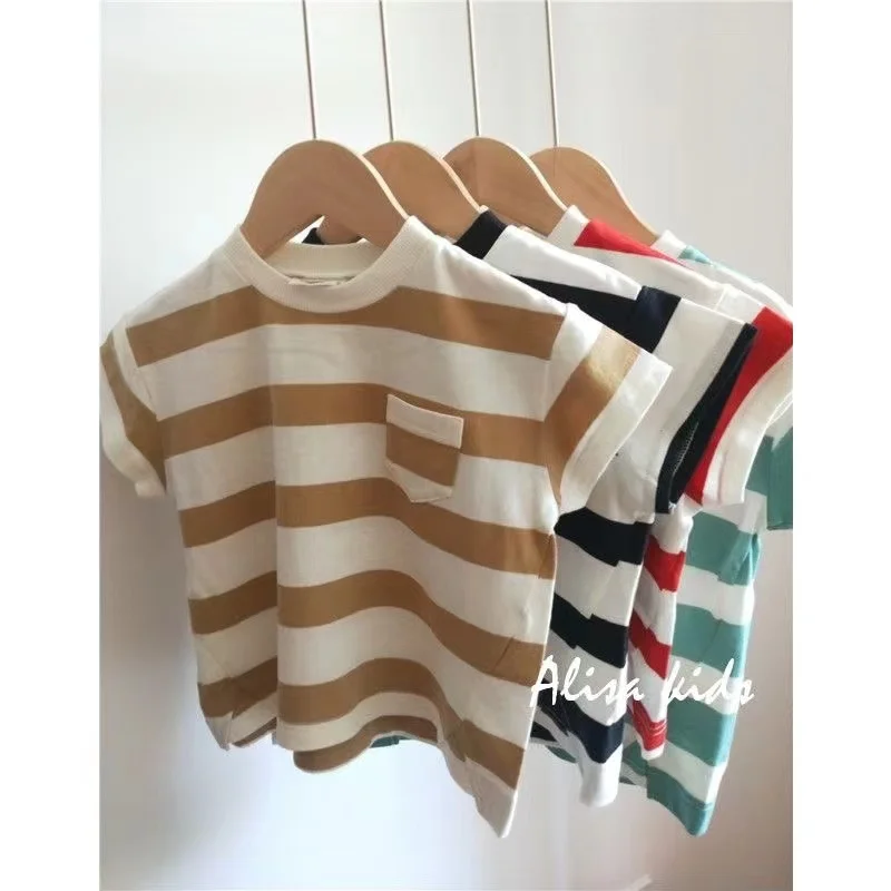 

Boys Striped T-shirt 2024 Summer New Trendy Children's Round Neck Pocket Short sleeved Thin Top Trend