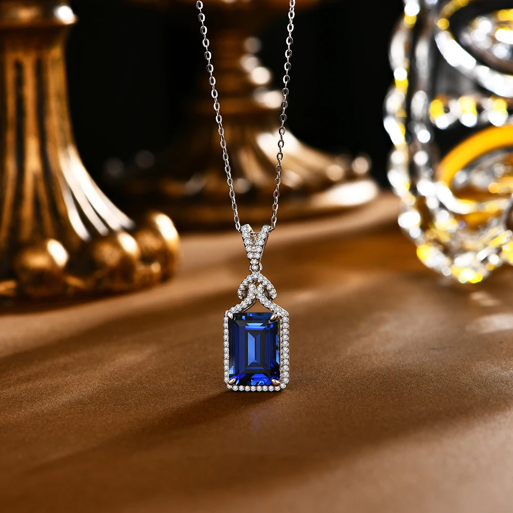 ATTAGEMS New Asscher Cut 14*10mm Blue Sapphire 925 Sterling Silver Necklace for Women Diamond Wedding High Quality Jewelry Gifts