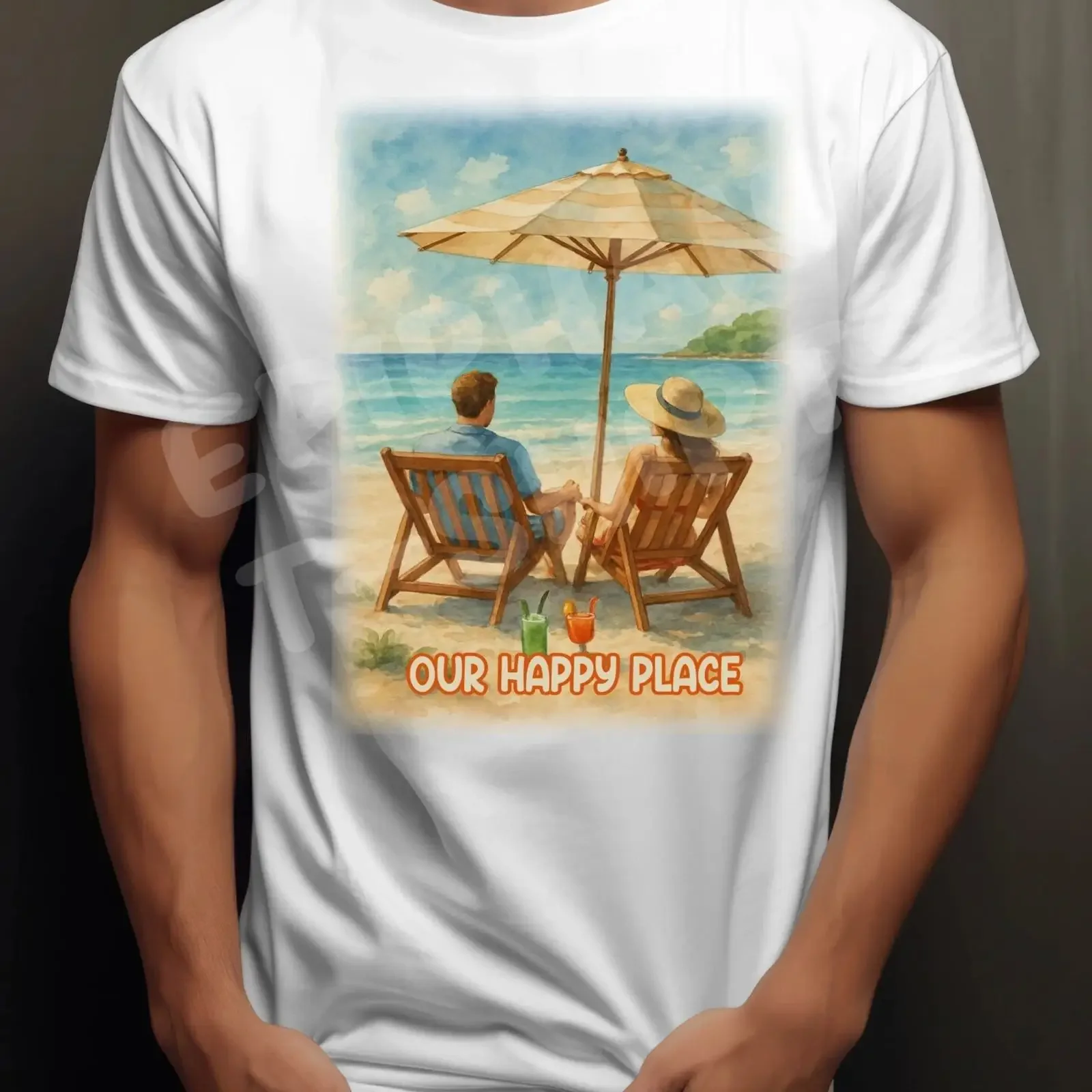 Happy Place T Shirt Herren amp Damen Strand Sonne Meer Surf Spaß Sommer Party Urlaub vintage Washed graphic Slightly Casual
