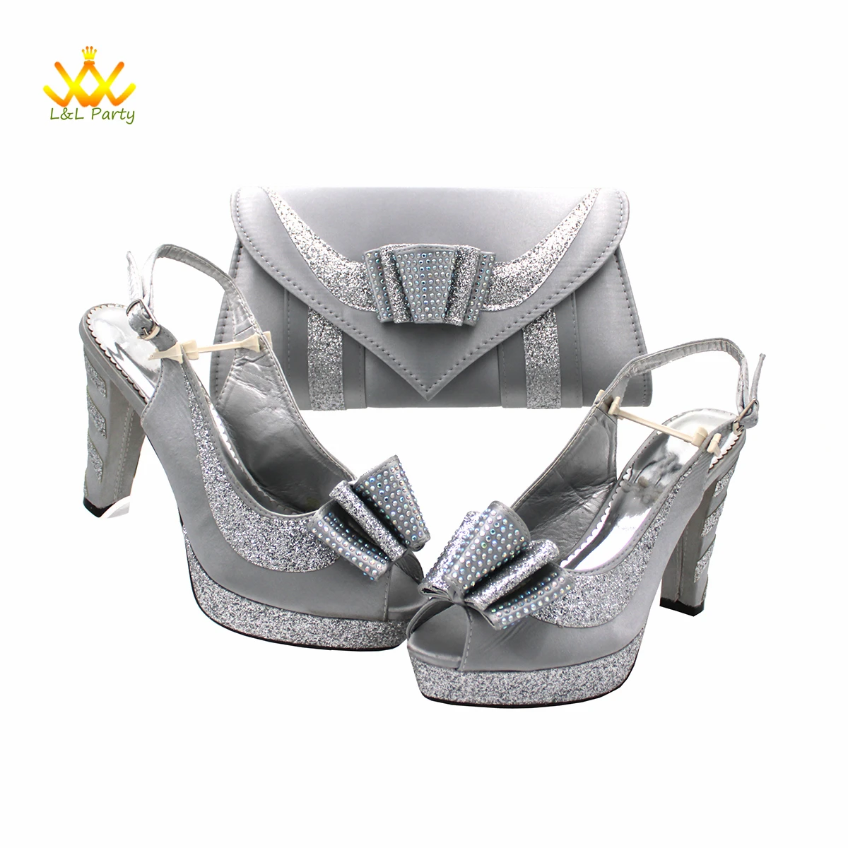 African Special Silver Color High Quality Slingbacks Shoes Matching Bag Set for Nigerian Women Royal Wedding Party