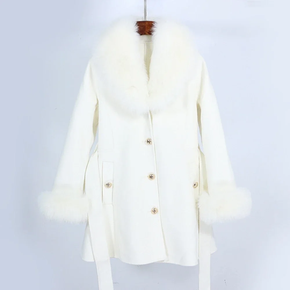 2024 Winter Real Fur Coat Cashmere Wool Jacket Women Woolen Streetwear Natural Fox Fur Collar Fur Cuffs Outerwear Fashion Casual