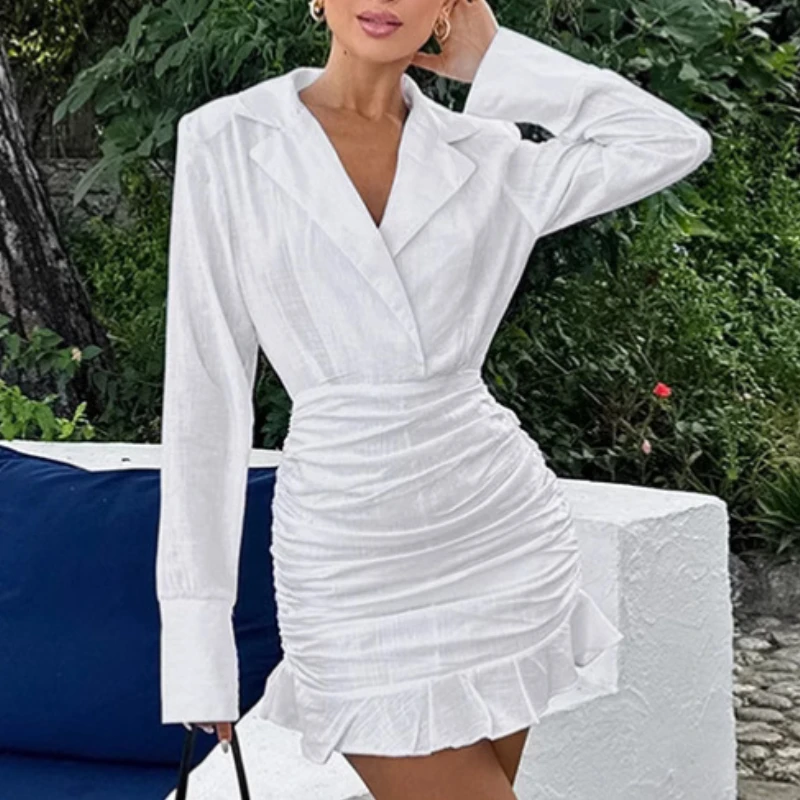 2025 Deep V Neck Notched White Blazer Dresses Sexy Bodycon Cotton Linen Mini Dress Fashion Formal Occasion Party Vacation Dress