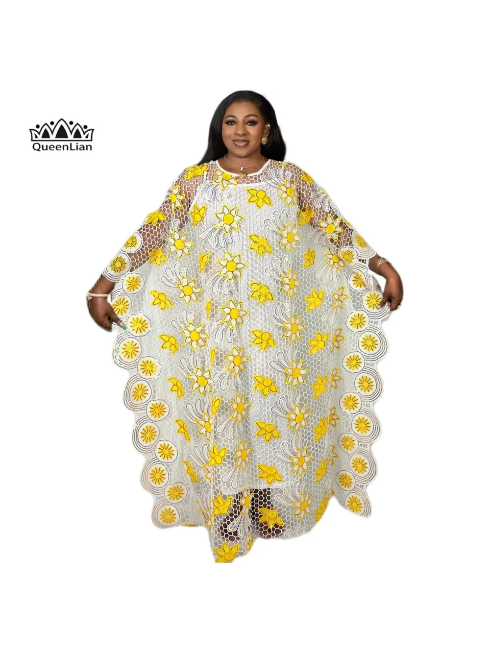 Plus Size African Women\'s Dress: Elegant Sequin Flower Pattern Dress, Bat Sleeves and Round Neck, Perfect for Wedding Parties