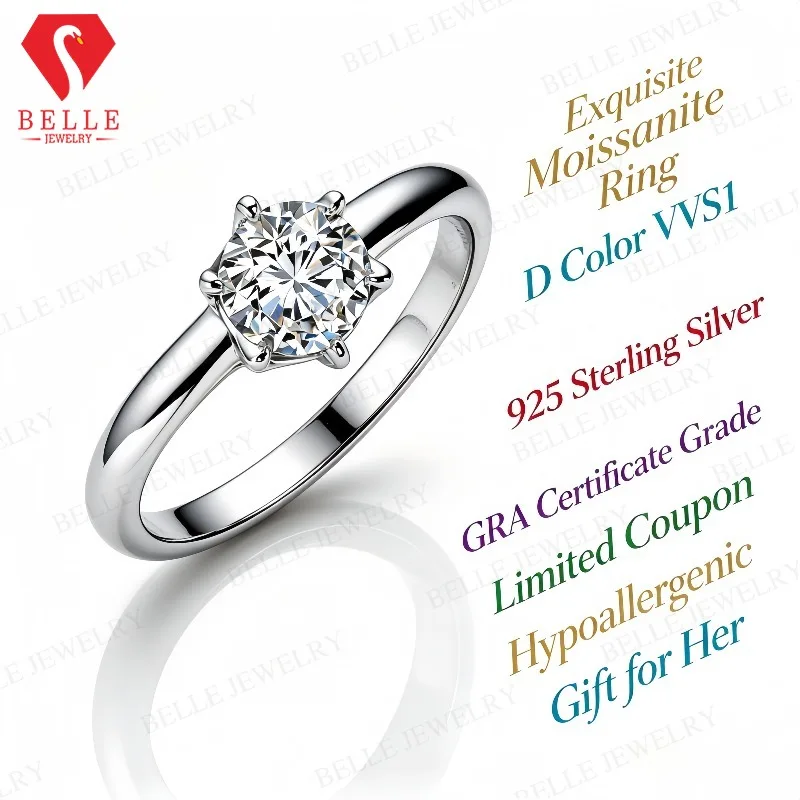 Moissanite Ring 2CT Round Cut D Color VVS1 GRA Certified 925 Silver Hypoallergenic Factory Direct Fade Resistant Wedding Ring