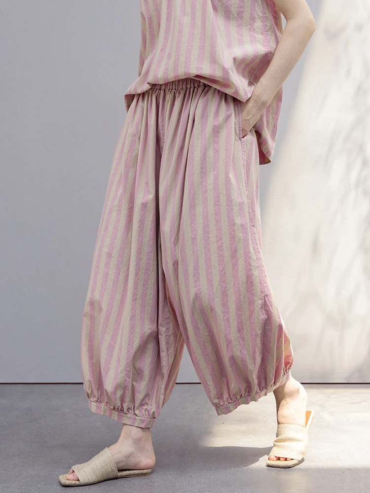 

Новые летние брюки-фонарики из 100% хлопка с высокой плотностью, в полоску, с эластичным поясом, свободного кроя, женские повседневные брюки