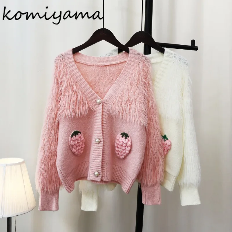 Komiyama Spliced Strawberry Cardigans Femme Sweet Fashion Sweater Spring Womens Clothing Exquisite Button Knitwears Tops