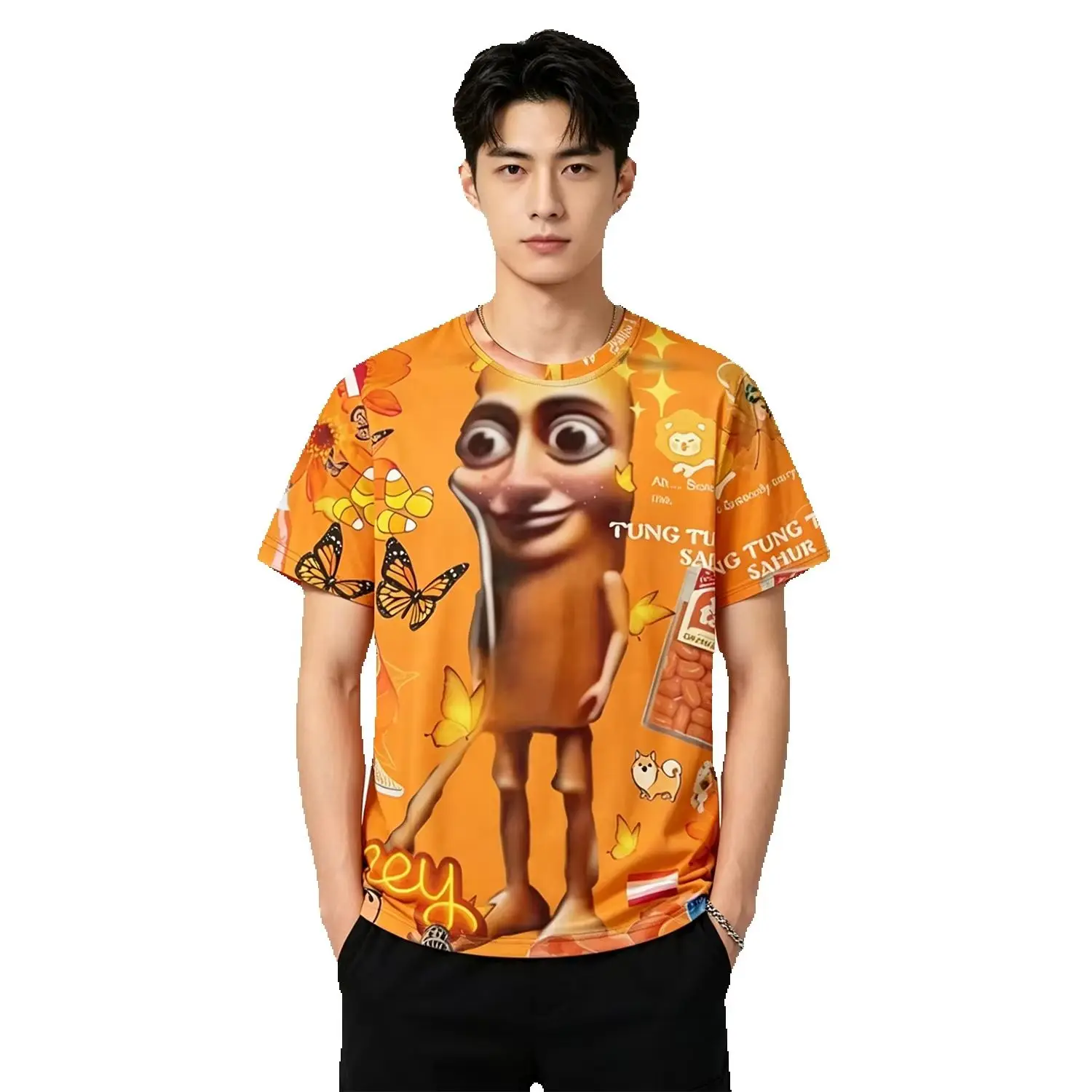 2026NEW Men's Women's Abstract Humanoid Sausage Full Printed Short Sleeved Men's Niche Hunting Funny Orange Printed T-Shirt