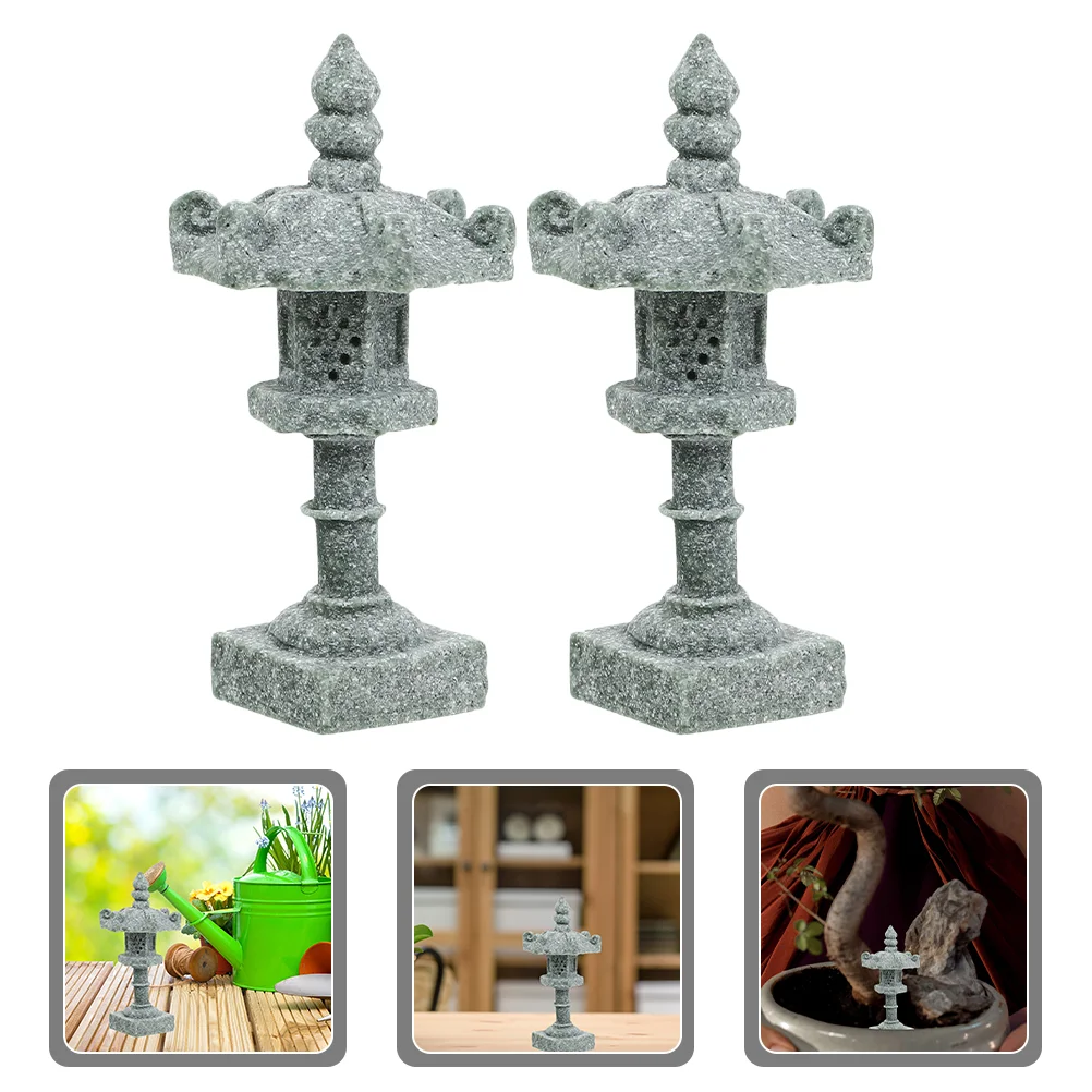 2 Pcs Japanese Tower Light Decoration Zen Garden Figurines Chinese Temple Statue Miniature Pagoda Lantern Model Scene Pavilion