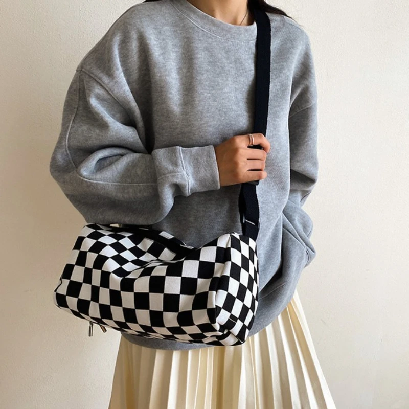 Casual Checkered Canvas Cylinder Shoulder Bag, Versatile Crossbody Purse with Drawstring Detail Adjustable Strap,Sports Travel