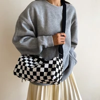 Casual Checkered Canvas Cylinder Shoulder Bag, Versatile Crossbody Purse with Drawstring Detail Adjustable Strap,Sports Travel