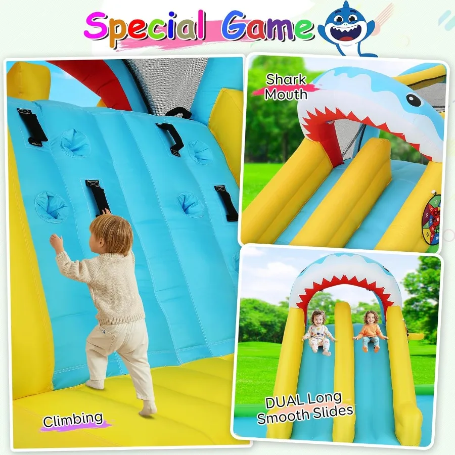 Opblaasbaar waterbouncehuis voor 3-12 jaar Shark Attack Fun Zone 8in1 speelset met dubbele waterglijbanen Ballenbak en games Ultima