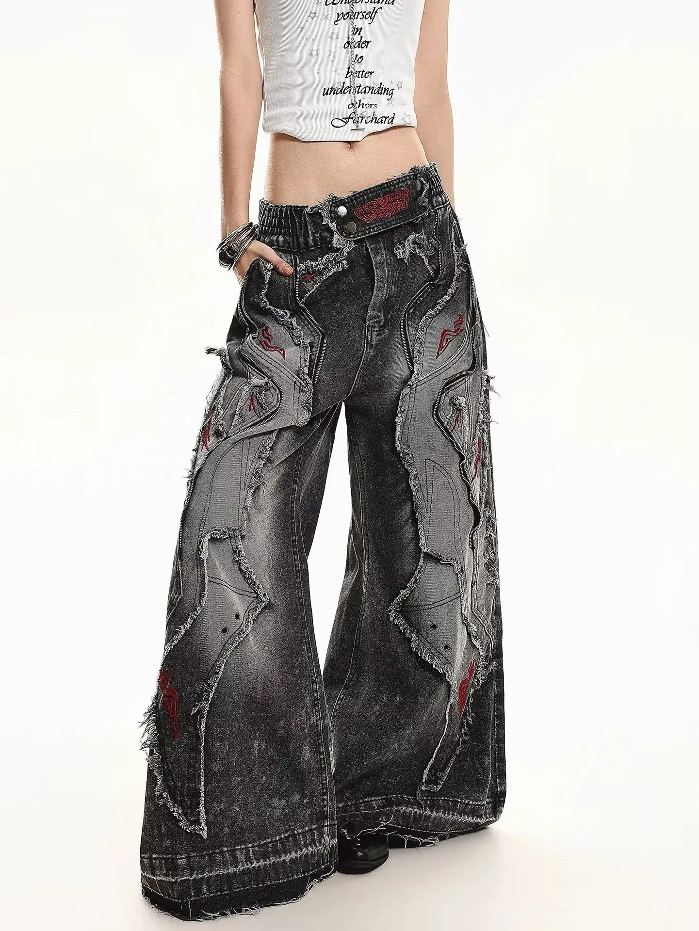 American style spicy girl loose lazy and relaxed denim pants female punk retro washed High Street Red Embellished Jeans