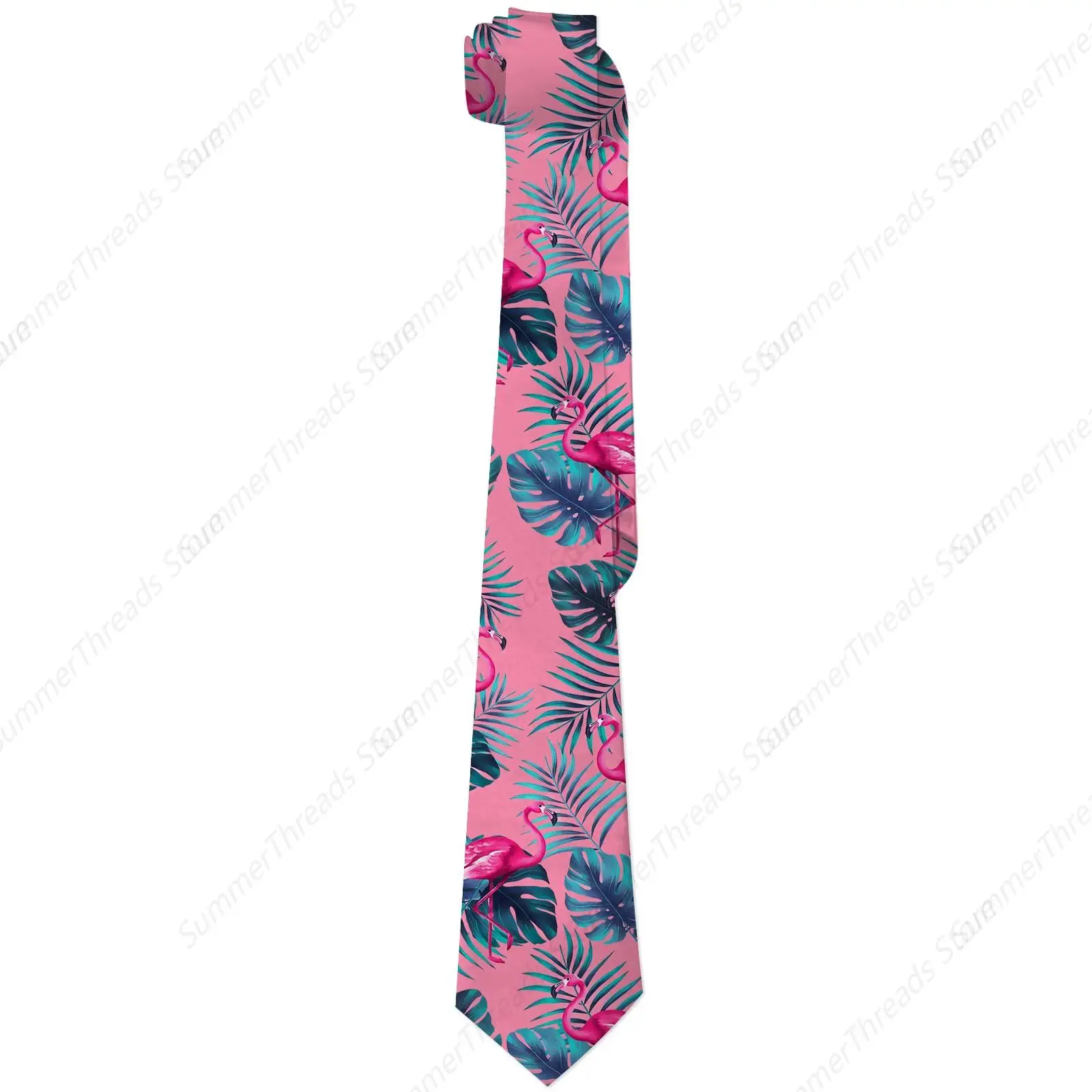 Funky Flamingo Ties for Men Boys Teens, Pink Flamingos and Exotic Leaves Necktie Skinny Neckties for Daily Party Wedding Holiday